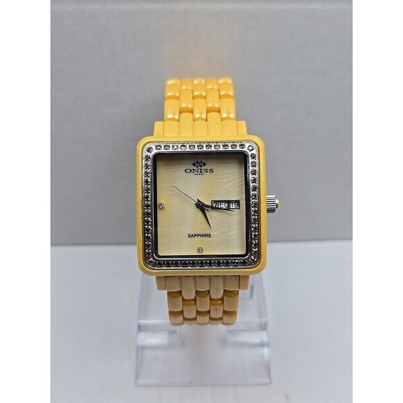 Oniss Paris Yellow Ceramic Day Date Sapphire Crystal Womens Watch New Battery